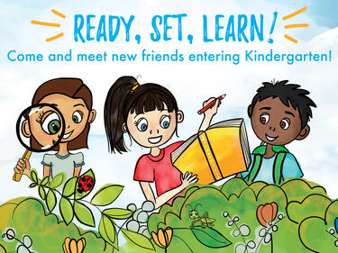Cartoon graphic of 3 students and text that says Ready, Set, Learn