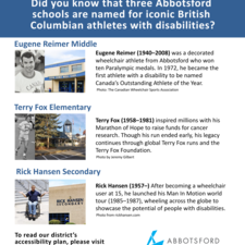 School namesakes in Abbotsford include Terry Fox Elementary, Eugene Reimer Middle School, and Rick Hansen Secondary.